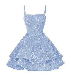 a light blue dress with sequins on the skirt and spaghetti straps is shown