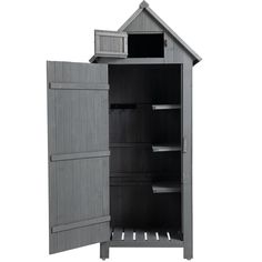 an open gray wooden cabinet with shelves and doors