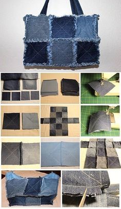 several pictures showing how to sew an old pair of jeans with denim strips on them