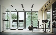 the gym is clean and ready for people to use it as an exercise center in this modern home