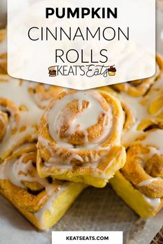 pumpkin cinnamon rolls with icing on top and text overlay that reads, pumpkin cinnamon rolls