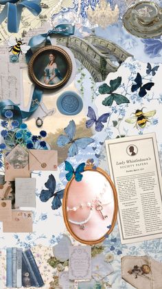 a collage of blue and white items with butterflies on them