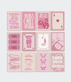 a series of cards with different designs and words in pink, white and beige colors