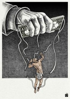 a drawing of a person holding money in the air with strings attached to them,