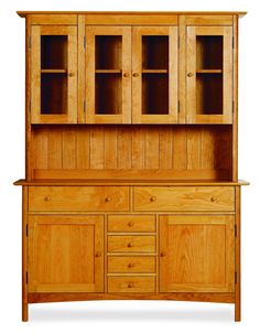 a wooden hutch with drawers and cupboards on it's sides, against a white background