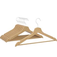 a wooden hanger with four different types of clothes hanging on it's sides