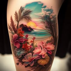 a woman's thigh with flowers and palm trees on the beach in front of it