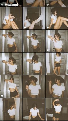 multiple pictures of a woman in white shirt and black shorts