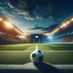 a soccer ball sitting on top of a green field in front of an empty stadium