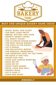 a poster with instructions to make cakes and other items for baking, including the words best and unique bakery name ideas