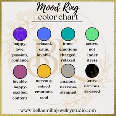 mood ring color chart Diy Mood Ring, Color Meaning Personality, Mood Color Chart, Mood Ring Color Chart, Arm And Leg Warmers, Mood Ring Color Meanings, Mood Ring Colors, Preppy Basics, Ring Chart