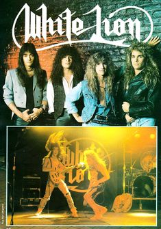 an advertisement for the band white lion, with two pictures of them in front of a brick