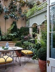 an outdoor dining area with potted plants and yellow chairs