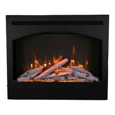 an electric fireplace with logs burning in it