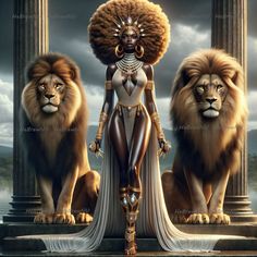 a woman standing in front of two lions