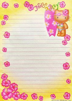 a hello kitty station paper with pink flowers and a teddy bear holding an umbrella on it