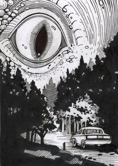 a drawing of an eye in the sky with trees and buildings around it, as well as a car