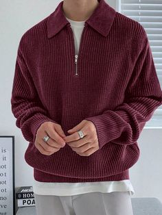 Men Zipper Long Sleeve Plain Casual Loose Comfy Knitted Collar Sweater Burgundy Casual  Long Sleeve Knitwear Plain Pullovers Slight Stretch  Men Clothing, size features are:Bust: ,Length: ,Sleeve Length: Soft Autumn Men’s Fashion, Vintage Men Sweater, Christmas Fit Men, Burgundy Fits Men, Knit Sweater For Men, Sweater Guy Aesthetic, Mens Fashion Turtleneck, Fall Sweaters Men, Brown Long Sleeve Outfit Men