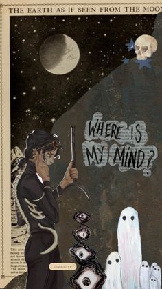 an image of a woman holding a knife in front of some ghost like objects and the words where is my mind?