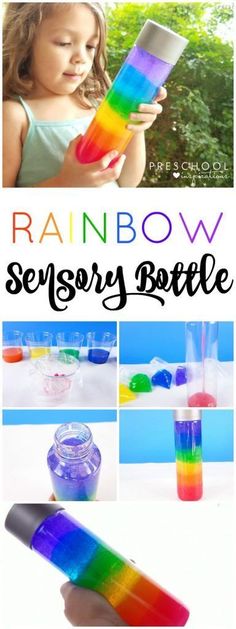 there is a rainbow colored bottle with water in it and the text overlay reads, rainbow sersory bottle