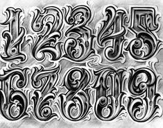 a drawing of the letters and numbers that are in different styles, with black ink on paper