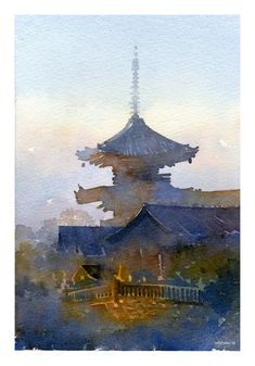 watercolor painting of pagodas in the distance