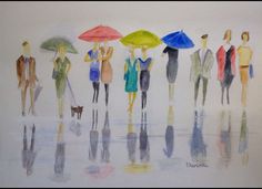 a group of people with umbrellas walking on the beach in the rain watercolor