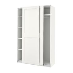 a white cabinet with two doors and shelves on the bottom shelf, in front of a white background