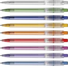 six different colored pens lined up next to each other