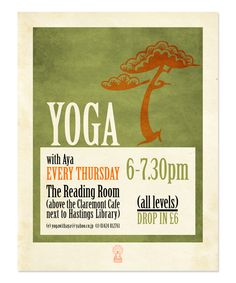 a poster for yoga with an image of a tree on the front and back side