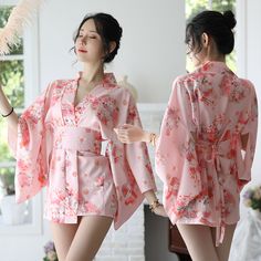 Fabric: Polyester,  Color: pink,  Size: free,  Suitable for height: 150-170cm, weight: 40-70kg, Retro Summer Dress, Japanese Kimono Dress, Black Lace Kimono, Estilo Harajuku, Island Outfit, Vestidos Color Rosa, Floral Print Kimono, Japanese Dress, Short Gowns