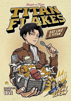 a man holding a bowl of food with the words titan flakes on it's side