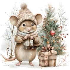 a painting of a mouse wearing a knitted hat and scarf next to a christmas tree