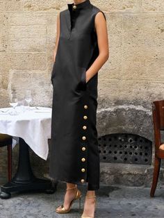 Affordable price buy Dresses on Stylewe, SPU: 1RDR4NB287, Color: Black, Edition type:Loose, Sleeve Length:Sleeveless. Vest Ideas, Stand Collar Shirt, Collared Shirt Dress, Loose Maxi Dress, Maxi Shirts, Maxi Shirt Dress, Black Shirt Dress, Loose Dress, Types Of Dresses