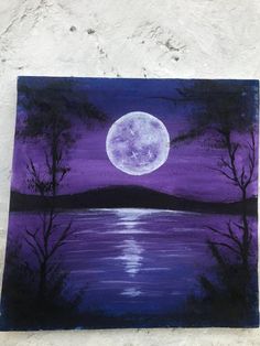 a painting of a full moon over a lake