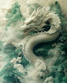 a painting of a white dragon with green leaves on it's body and clouds in the background