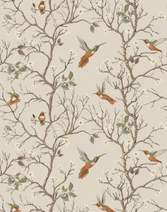 a pink wallpaper with birds and flowers on the tree branches in front of it