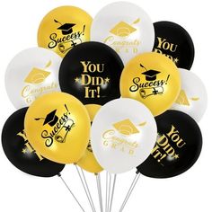 graduation balloons with the words you did it written in black and gold on them,