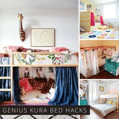 two pictures of a child's room with flowers on the wall and a teepee tent