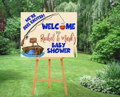 a welcome sign for a baby shower in the yard