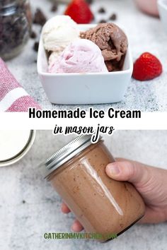 homemade ice cream in mason jars with strawberries