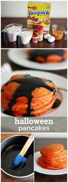 halloween pancakes with chocolate sauce and marshmallows in the middle are ready to be eaten