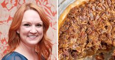 a woman is smiling next to a pie