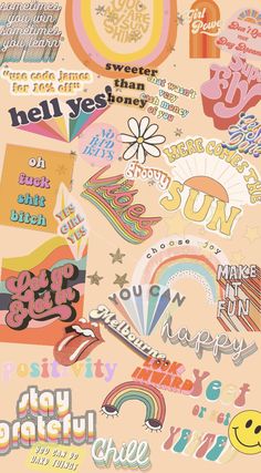 an assortment of colorful stickers and decals on a pink background with the words happy new year