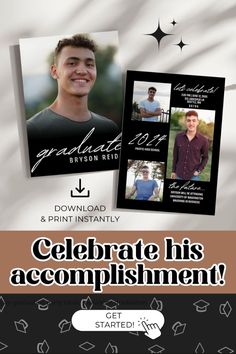 a flyer for a graduation party with an image of a smiling man and the words celebrate his accomplishment