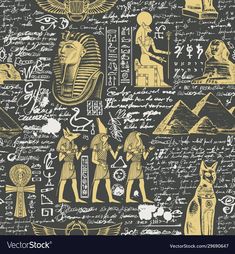 an egyptian themed wallpaper with gold and black writing on it, including ancient symbols