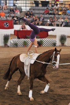 a woman doing a handstand on the back of a horse in an arena