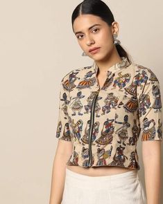 250+ Best Kalamkari Blouse Designs for Cotton Saree (2021) Kalamkari Shirts Women, Beige Blouses, Kalamkari Blouse Designs, Ikat Blouse Designs, Kalamkari Print, Kalamkari Blouse, Blouse Designs High Neck