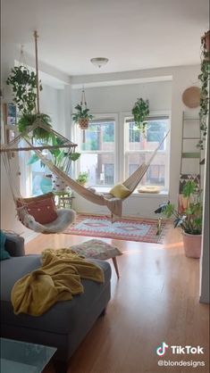 a living room filled with furniture and lots of plants on the window sills