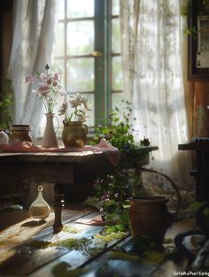 a table topped with vases filled with flowers next to a window covered in curtains